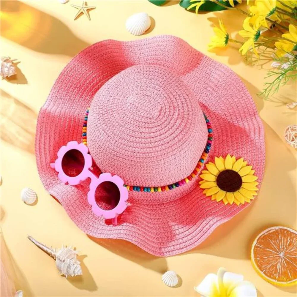 Summer Straw Hat for Girls Large Brim Sunflower Beach Hat Cute Flower Sunglasses
